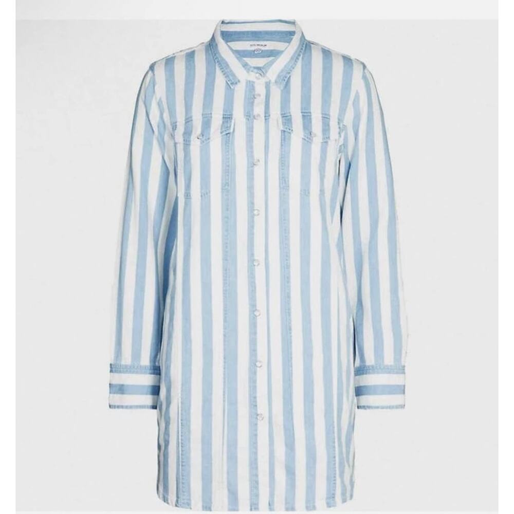 Good American Blue White Shirt Dress Cotton Striped Collared Pearl Snap Size 0